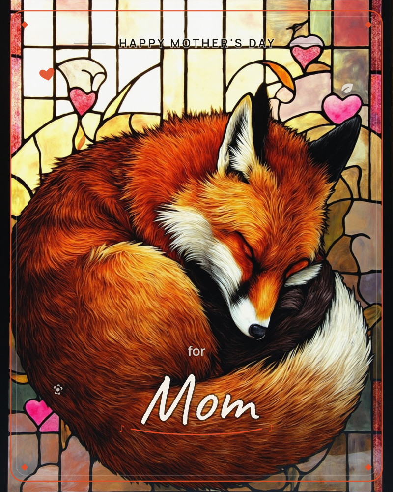 A red fox curls into a tight, sleeping ball, its bushy white-tipped tail wrapped around its nose, rendered as if set within a leaded stained-glass window, a mothersday e-card design