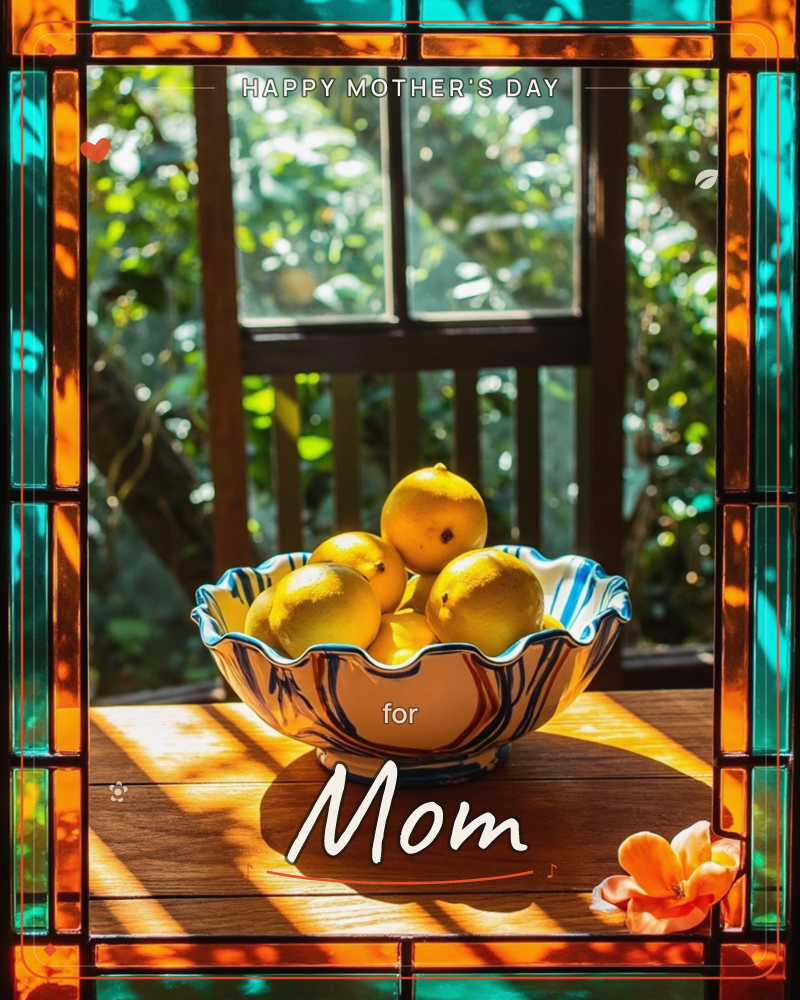 A ruffled ceramic bowl piled with lemons sits on a wooden table before an open window, framed by stained-glass panels of teal and amber, a mothersday e-card design