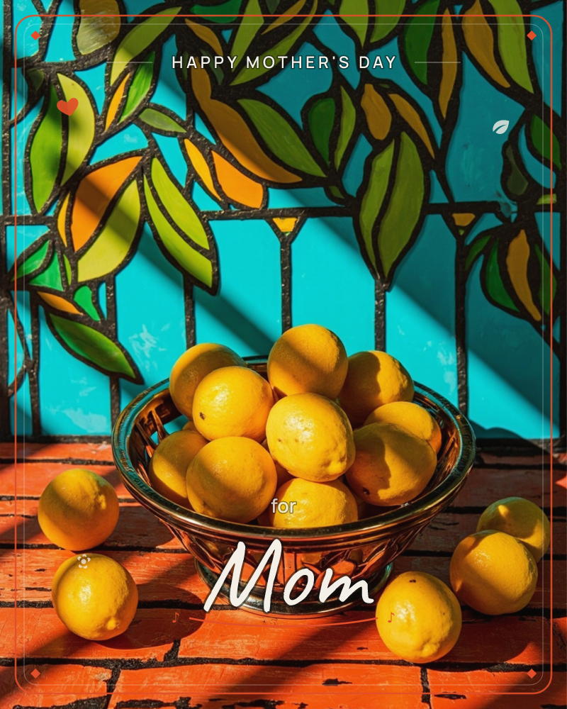 A metal bowl heaped with lemons sits on a weathered terracotta-tiled floor, some fruit spilling out beside it, while sunlight slants across the scene…, a mothersday e-card design