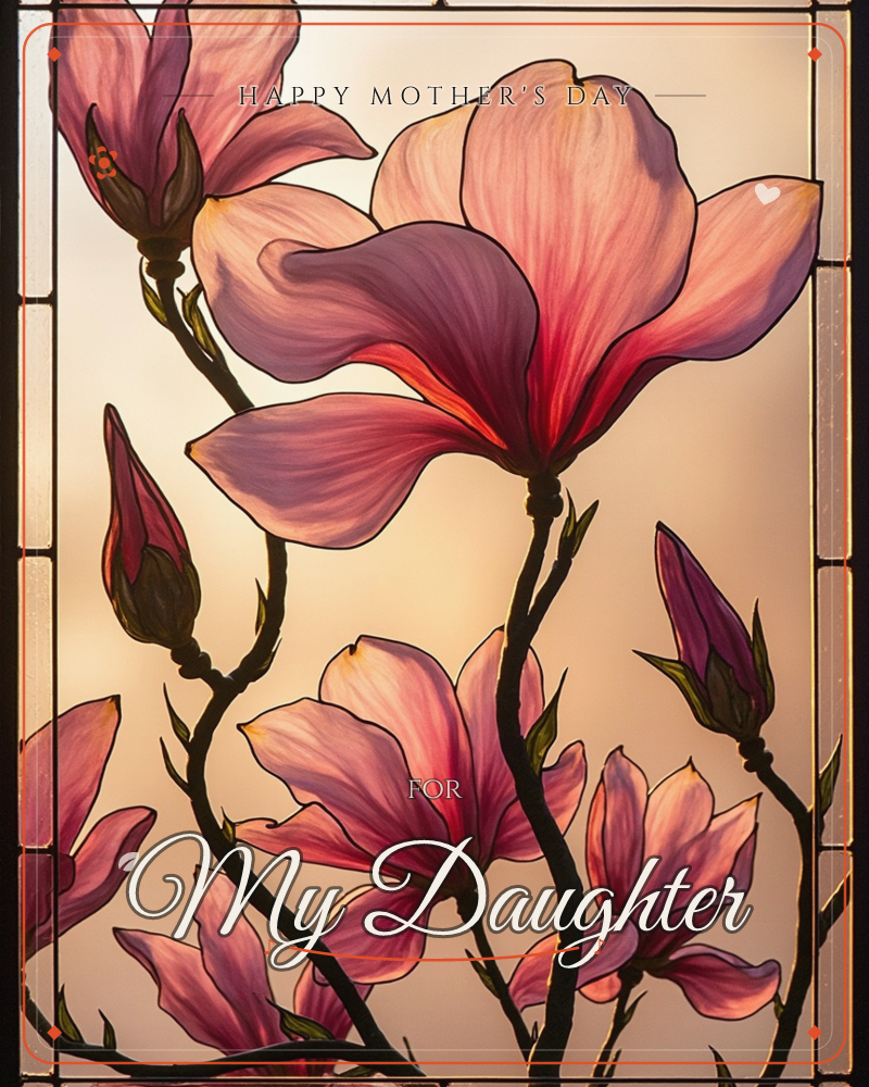 A stained-glass style window glows with magnolia branches in full bloom, their pink and violet petals rimmed in black leadwork against a warm amber light, a mothersday e-card design