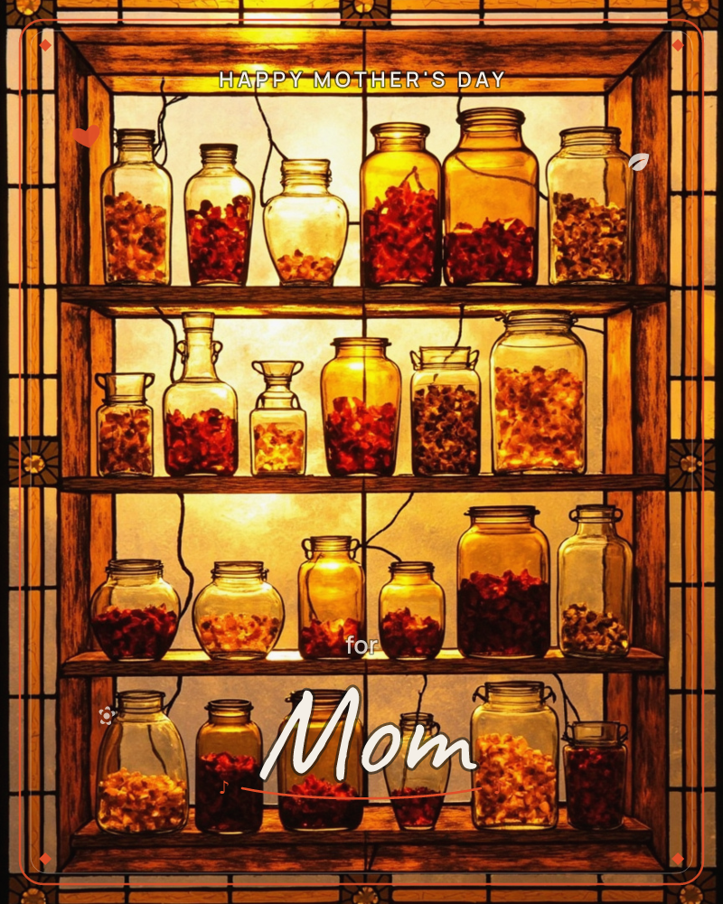 A backlit wooden cabinet with four shelves holds rows of glass jars filled with preserved fruits, petals and dried botanicals, all glowing amber under…, a mothersday e-card design