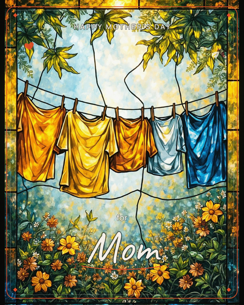 A stained-glass style illustration shows a row of shirts in gold, amber, pale blue and deep blue drying on a line strung between leafy branches…, a mothersday e-card design