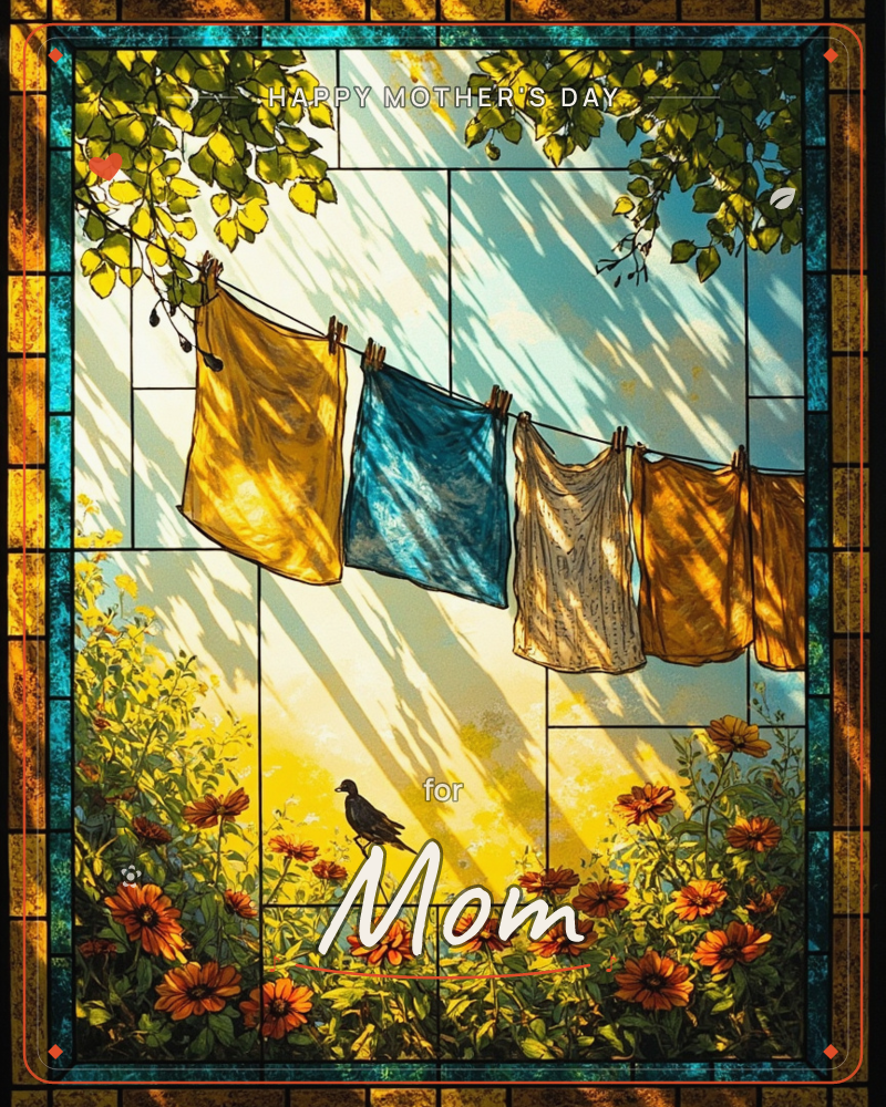 A stained-glass style illustration shows a washing line strung between leafy branches, with golden and blue cloths pegged up and glowing in slanted…, a mothersday e-card design