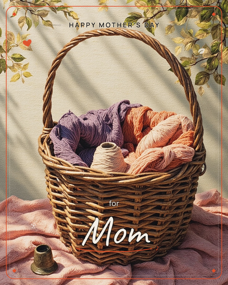 A woven wicker basket sits on a rumpled dusty pink cloth, filled with soft skeins of purple, orange, and cream yarn, a mothersday e-card design