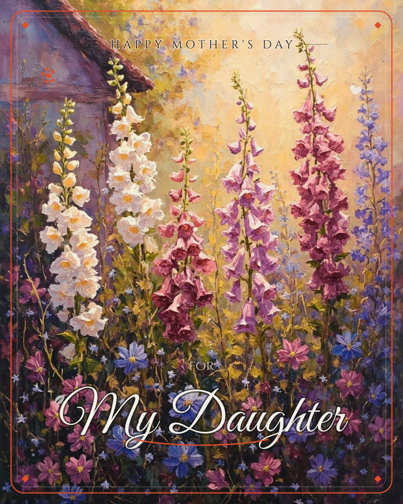 Tall foxglove spires rise in a cottage garden beside a weathered stone gable, their bell-shaped blooms shading from cream to deep rose to lavender, a mothersday e-card design