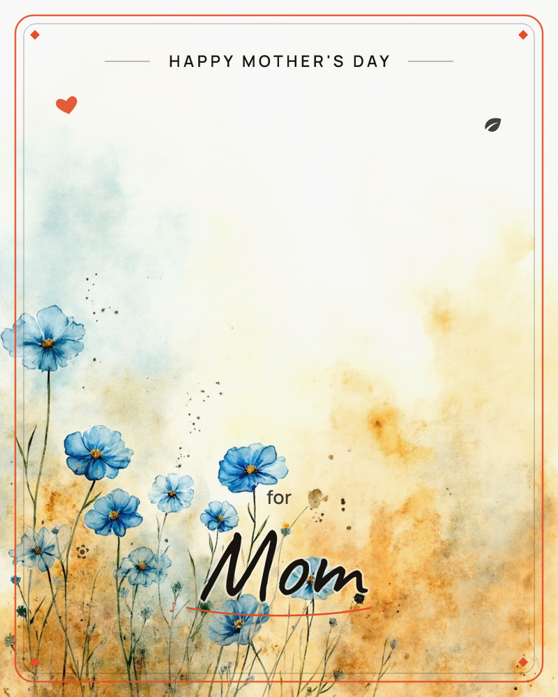 A cluster of pale blue cosmos flowers with golden centres sways along thin stems at the bottom of the page, set against a soft watercolour wash that…, a mothersday e-card design