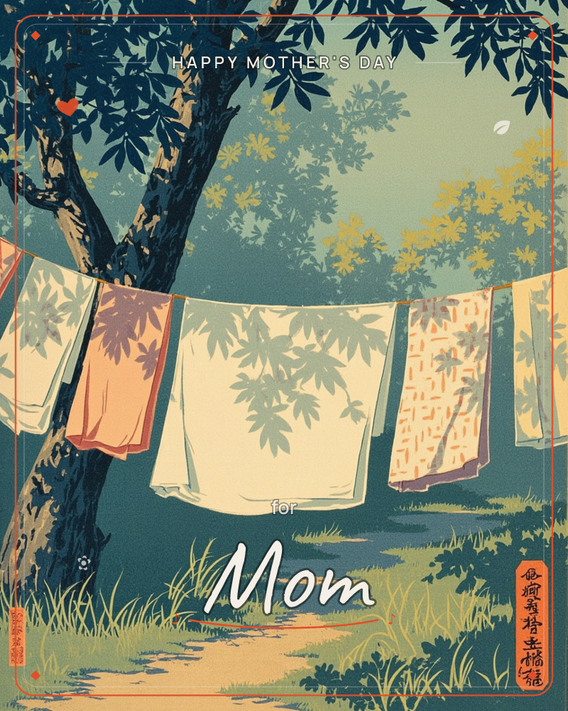 A woodblock-style print shows laundry pinned to a line strung from a broad, dark-barked tree, the fabrics glowing cream, orange, and rose as dappled…, a mothersday e-card design