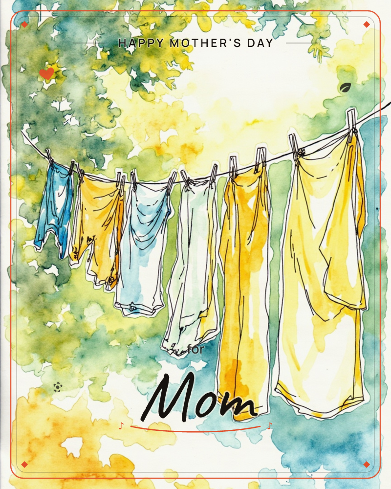 A row of laundry hangs pegged to a line strung between leafy trees, shirts and cloths in blue, yellow and white catching the light, a mothersday e-card design