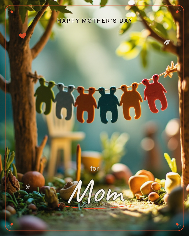A tiny woodland scene shows a string of colourful felt people strung like a garland between two trees, their little arms and legs dangling above a…, a mothersday e-card design