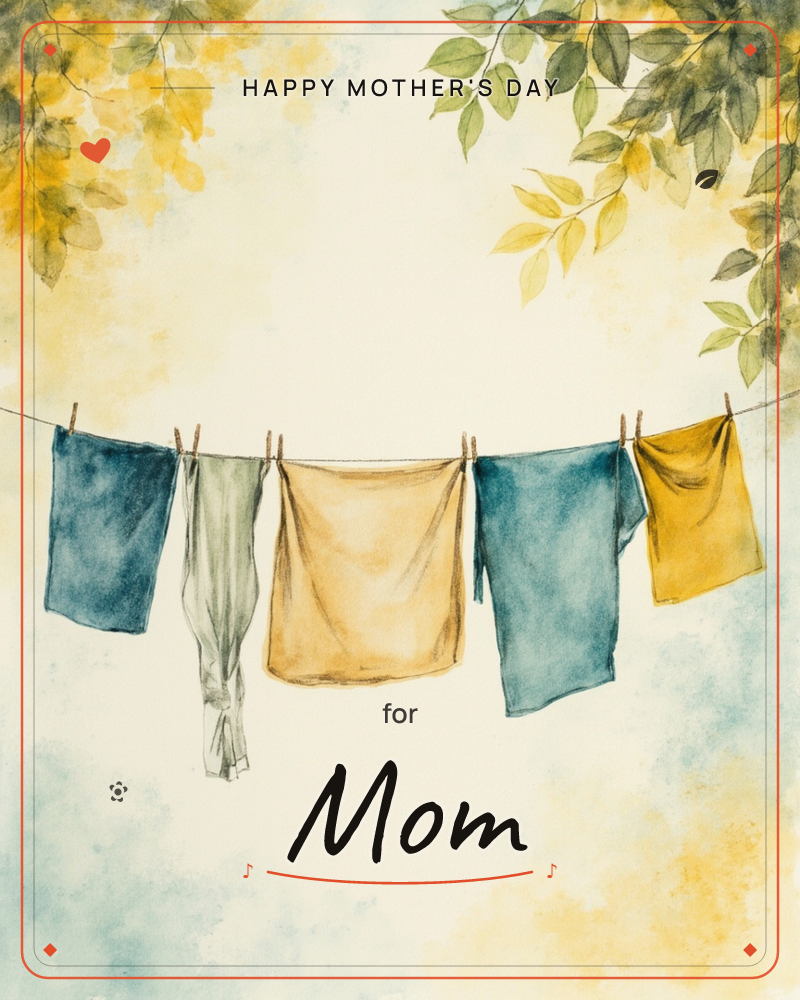 A row of cloths and a dress hang pegged to a washing line strung between unseen posts, framed above by golden autumn leaves and below by a soft…, a mothersday e-card design