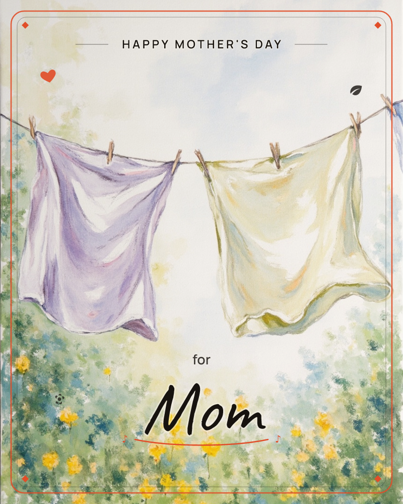 A lavender cloth and a pale yellow cloth hang pegged to a washing line, billowing gently against a soft, hazy sky, a mothersday e-card design