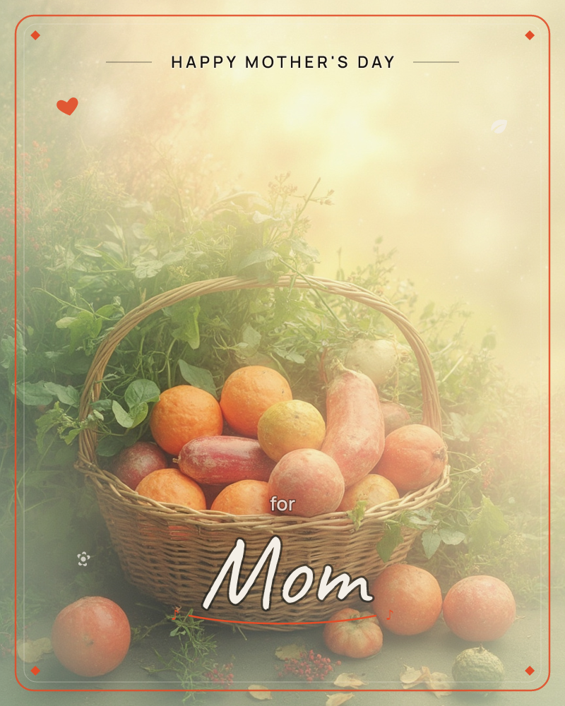 A woven wicker basket sits amid tangled greenery, filled to the brim with oranges, sweet potatoes, apples and root vegetables, a mothersday e-card design