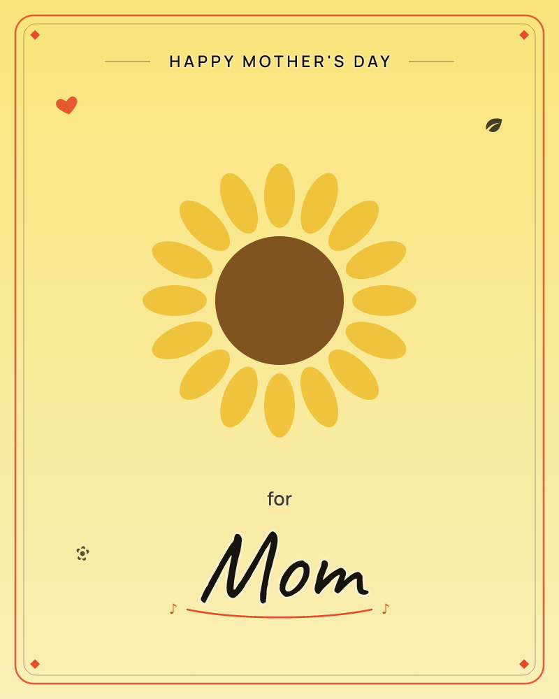 A single stylised sunflower sits centered on a soft yellow gradient background, its rounded petals evenly spaced around a solid brown center, a mothersday e-card design by @DittyCityTeam