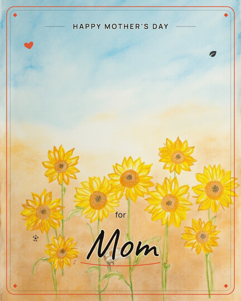 A cluster of sunflowers stands tall against a soft blue sky fading into a golden haze near the horizon, a mothersday e-card design