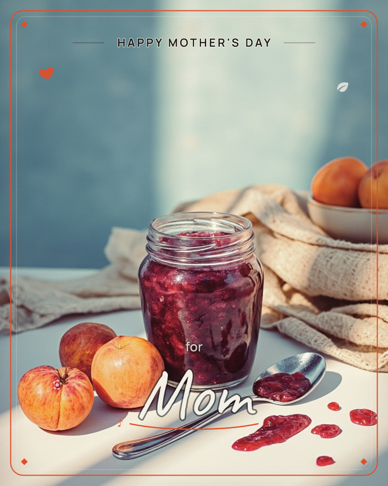 An open jar of dark berry jam sits on a table beside two small apples and a spoon with a smear of jam and a few drips beneath it, a mothersday e-card design