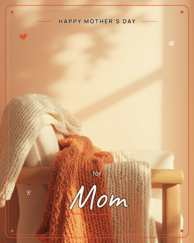 A cream knitted throw and a burnt-orange scarf are draped over the back of a wooden chair, caught in late afternoon light, a mothersday e-card design