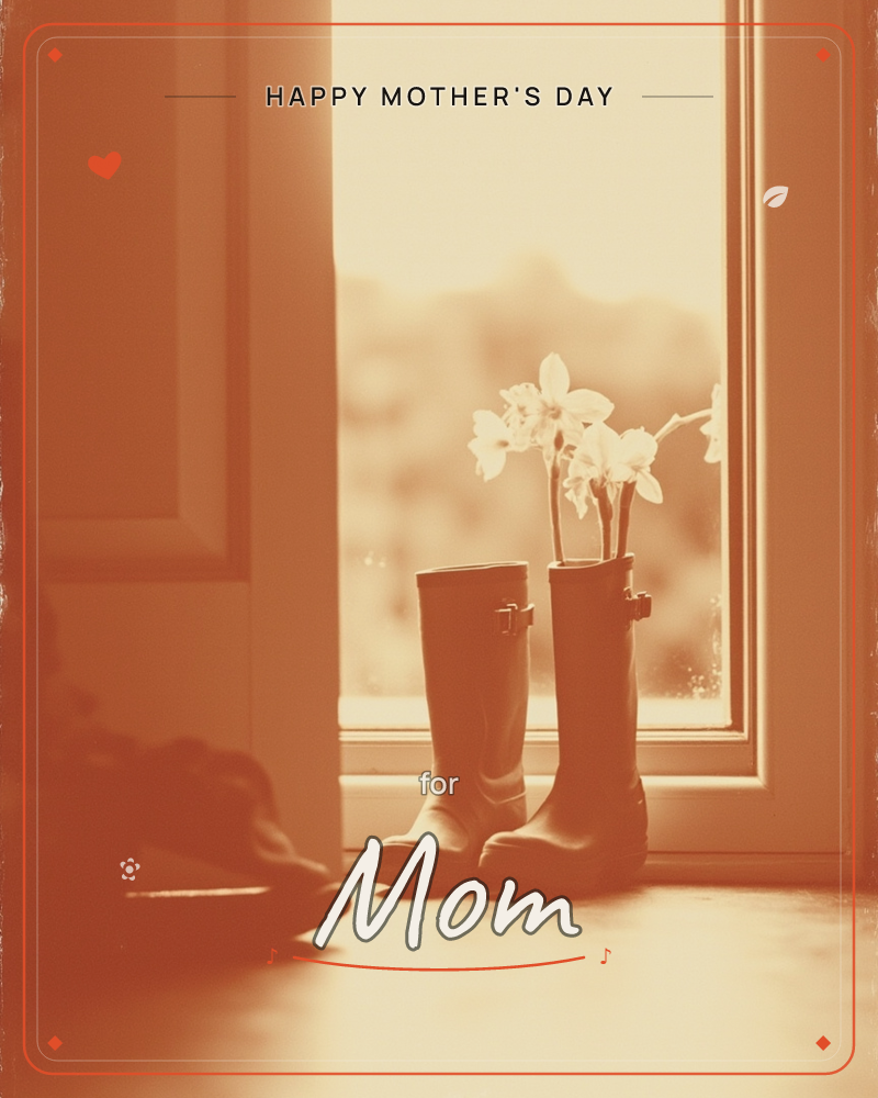A pair of rubber wellington boots sits on a windowsill, repurposed as a vase for a spray of white narcissus flowers, a mothersday e-card design
