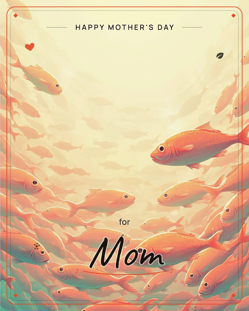A shimmering school of coral-orange fish swirls through hazy underwater light, framing an empty pale centre like a soft spotlight, a mothersday e-card design
