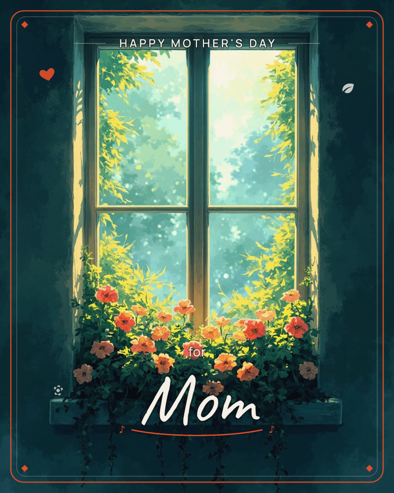 A wooden window glows from within a dim teal room, its panes framing a sunlit, dappled garden beyond, a mothersday e-card design