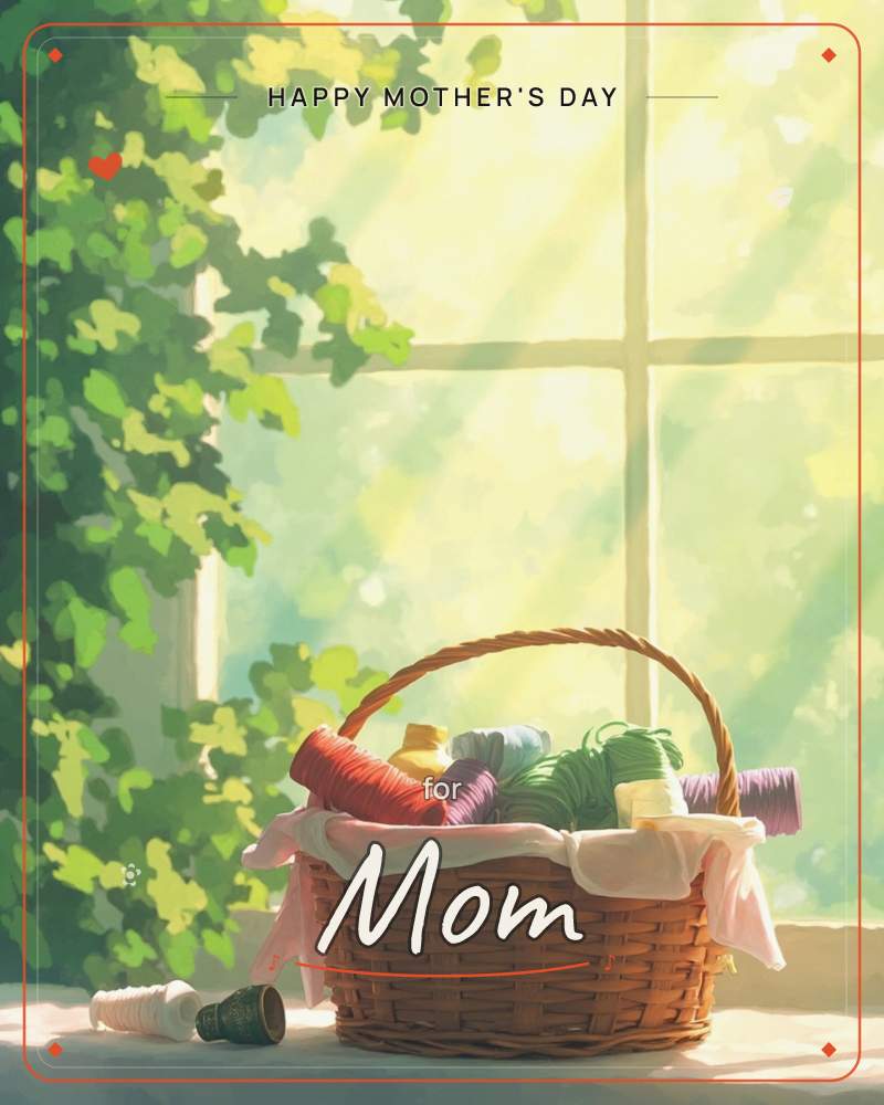 A woven basket brimming with colourful spools of thread and yarn sits on a sunlit windowsill, framed by leafy vines pressing against the glass, a mothersday e-card design