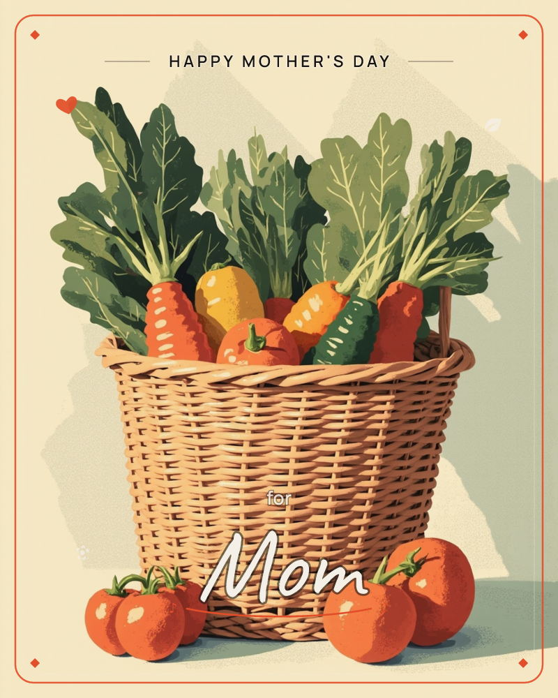 A woven wicker basket brims with fresh vegetables, striped carrots, a mottled peppers, and leafy greens fanning out at the top, while a few ripe…, a mothersday e-card design