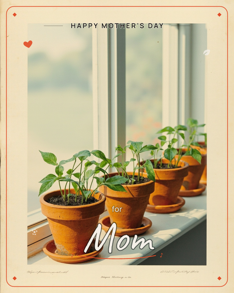 A row of terracotta pots lines a sunny windowsill, each holding young seedlings with fresh green leaves reaching toward the light, a mothersday e-card design