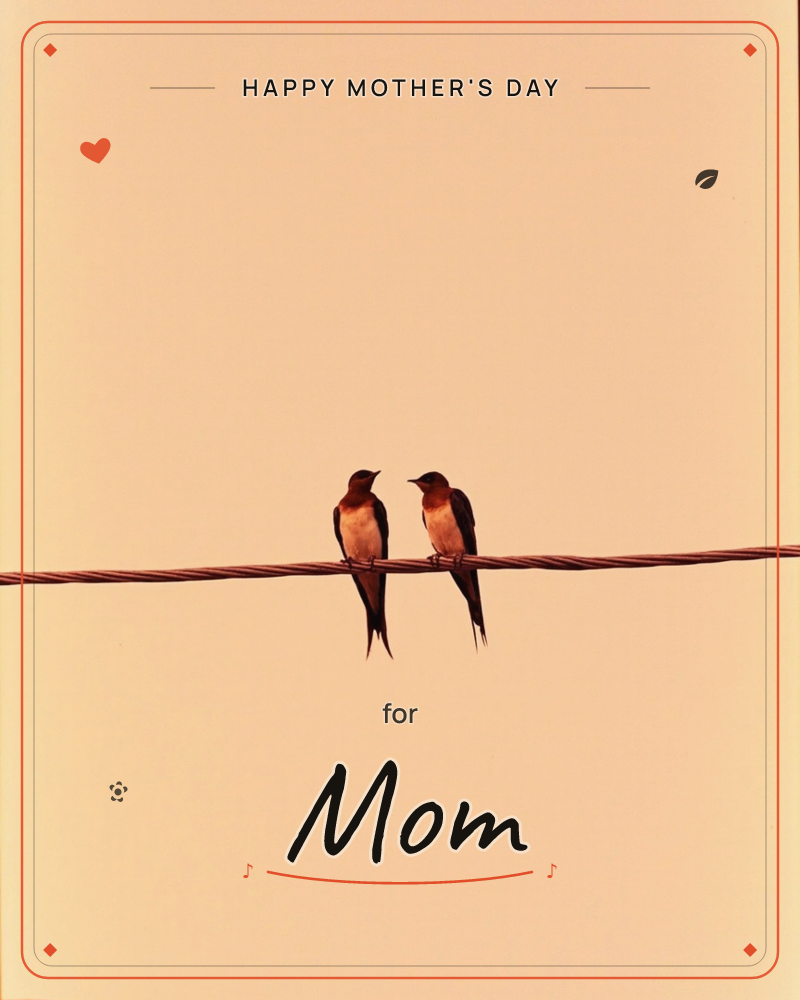 Two swallows perch face to face on a single wire, their forked tails hanging against a smooth peach-toned sky, a mothersday e-card design