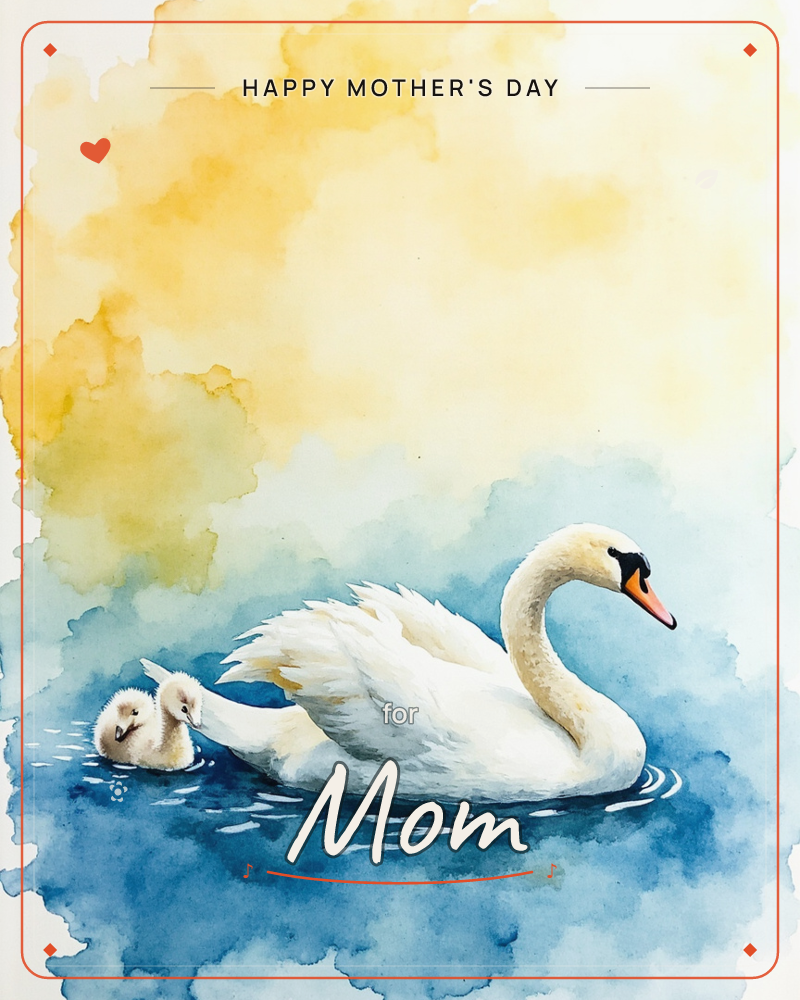 A white swan glides across deep blue water with two fluffy cygnets tucked close beside her wing, a mothersday e-card design