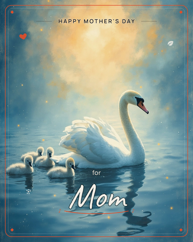 A white swan glides across still water, trailed by four fluffy grey cygnets swimming close behind her, a mothersday e-card design