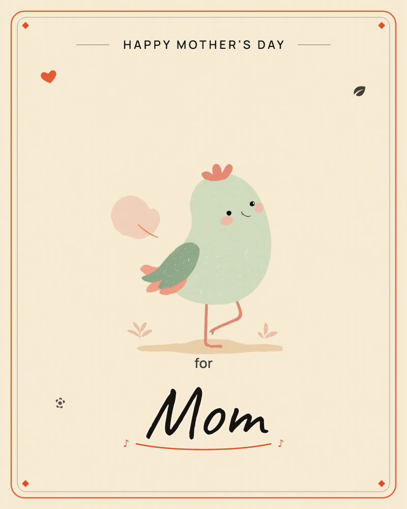 A plump little rooster with a mint-green body, coral comb and rosy cheeks stands on one leg on a small patch of sandy ground, a mothersday e-card design