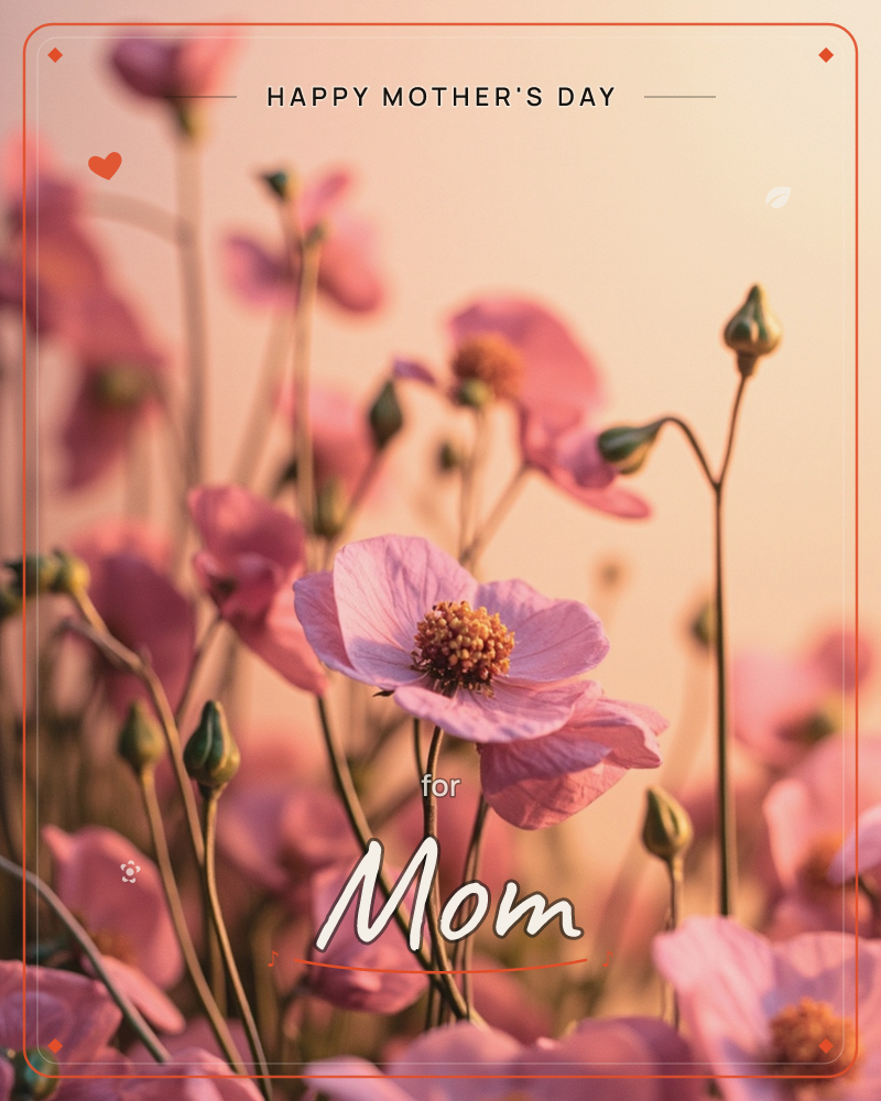 A close-up meadow of pink poppy-like flowers glows in warm evening light, their thin stems and tight green buds rising against a soft, hazy pink sky, a mothersday e-card design