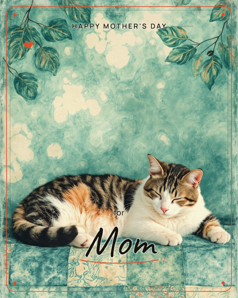 A tabby-and-white cat lies curled and dozing on a cushioned seat, set against a mottled teal wall softened with cloudy watery washes, a mothersday e-card design