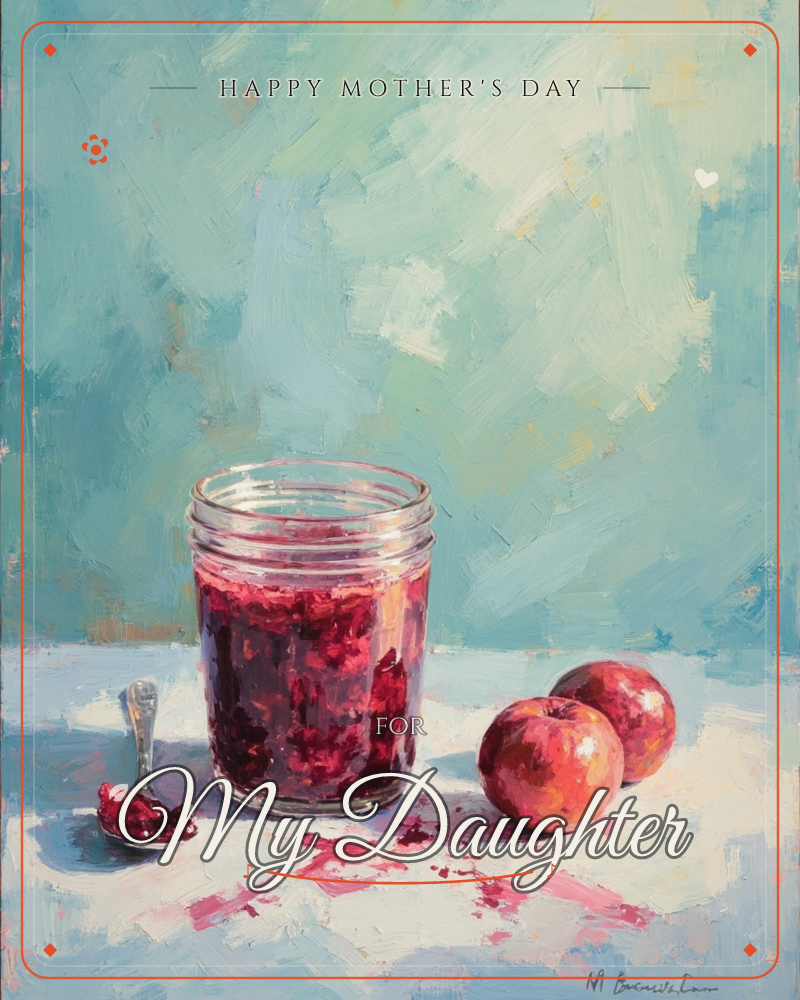 A glass jar of deep red preserves sits open on a pale countertop, a spoon resting beside it with a smear of jam, and two rosy apples nearby, a mothersday e-card design