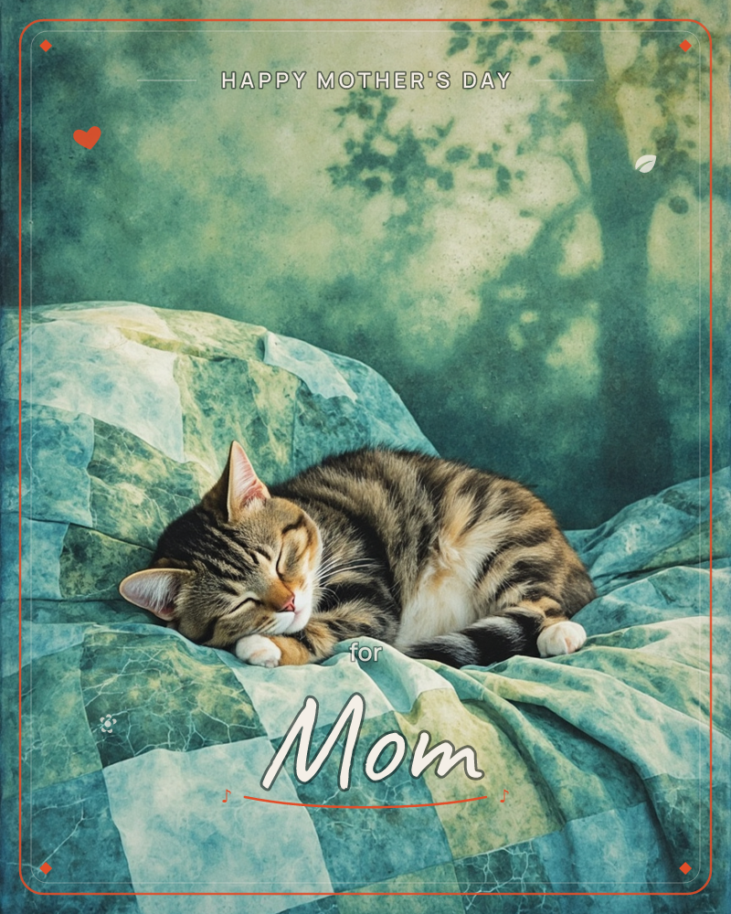 A tabby-and-white cat lies curled asleep on a patchwork quilt in mottled shades of teal and sage, its paws tucked and eyes closed in deep rest, a mothersday e-card design