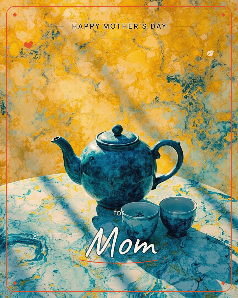 A round teal ceramic teapot with two small matching cups sits on a marbled table against a swirling golden-yellow marbled wall, a mothersday e-card design