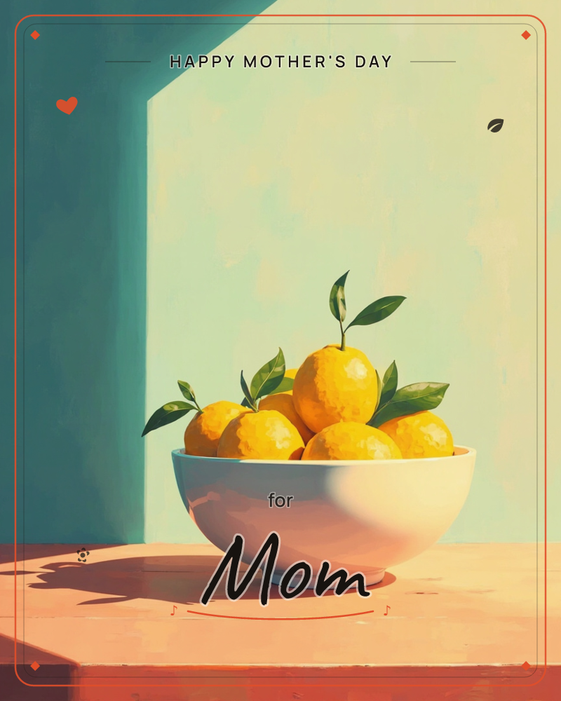 A white ceramic bowl piled with lemons and their glossy green leaves sits on a dark tabletop against a teal wall, sunlight slanting in through an…, a mothersday e-card design