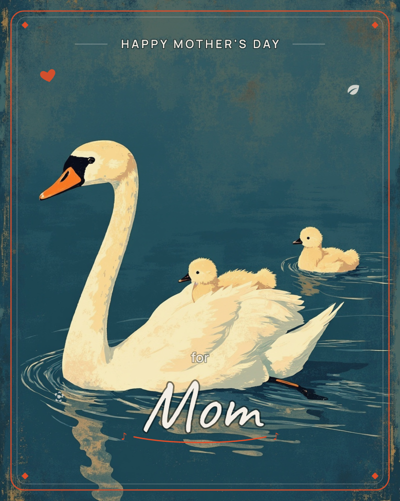 A white swan glides across deep teal water with one cygnet nestled on her back and two more paddling close behind, a mothersday e-card design