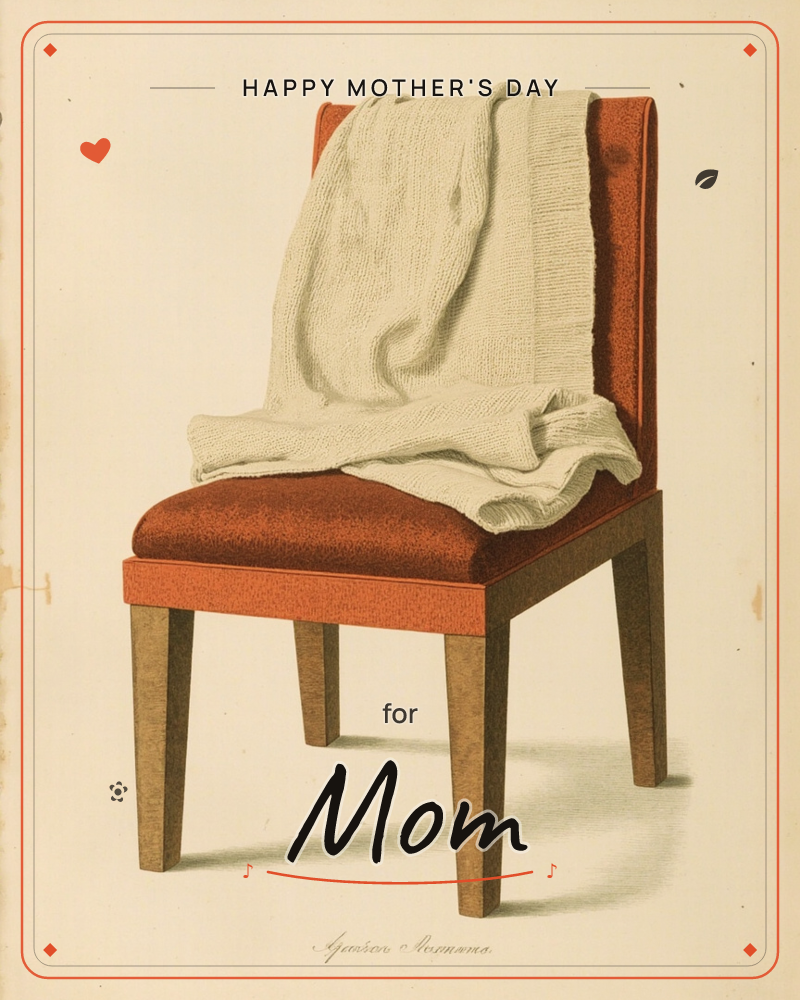 A single upholstered chair in burnt terracotta sits against a softly vignetted cream backdrop, with a chunky knit ivory throw draped loosely over its…, a mothersday e-card design