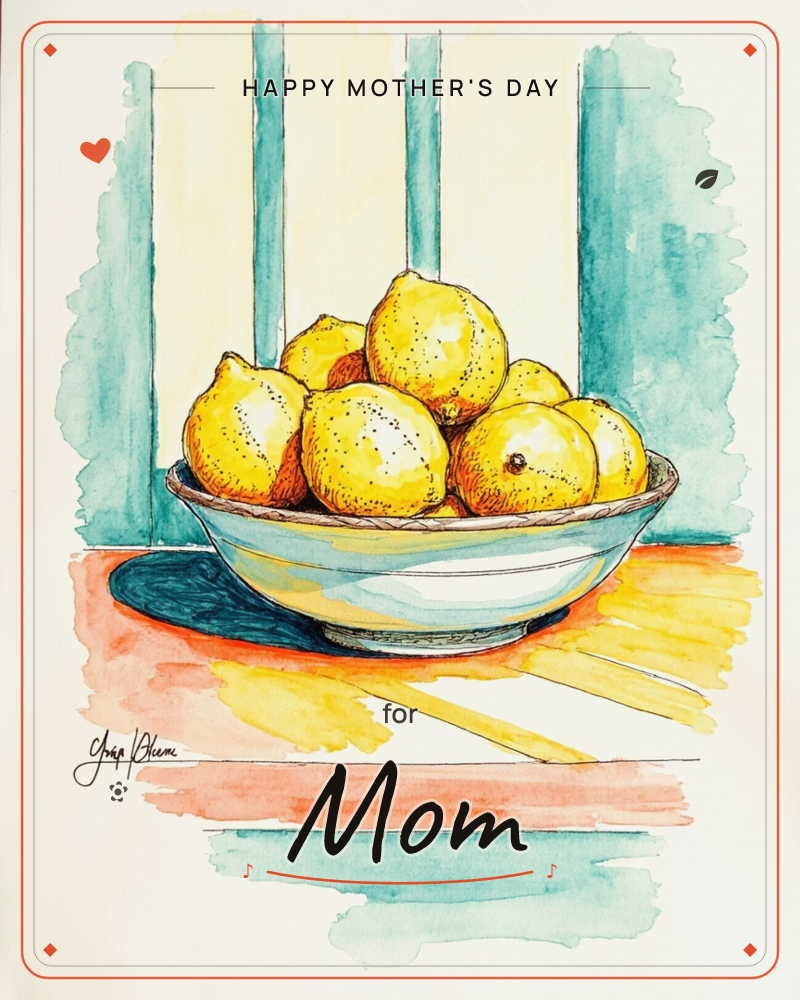 A pen-and-watercolour still life shows a wide bowl heaped with plump lemons, sitting on a warm terracotta tabletop before teal window bars, a mothersday e-card design