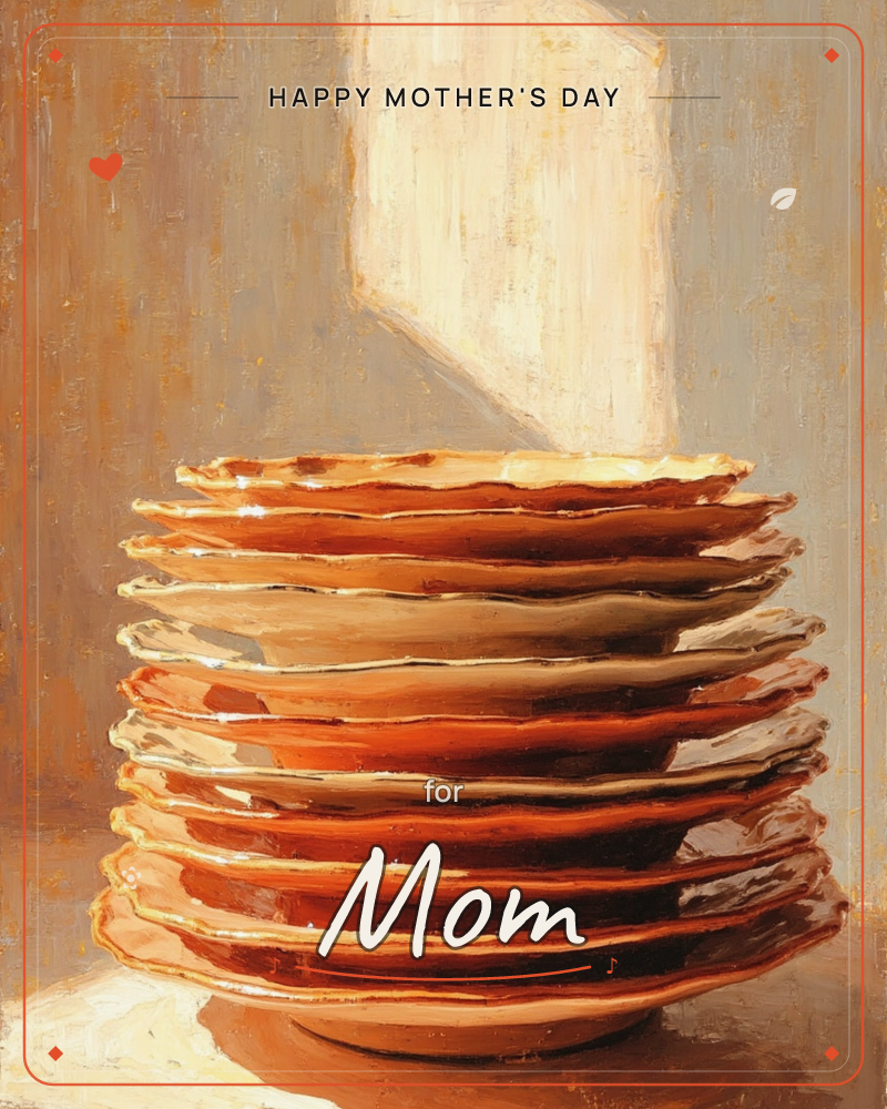 A stack of glazed ceramic plates in warm terracotta and cream tones rises against a softly mottled wall, lit by a single shaft of pale light falling…, a mothersday e-card design