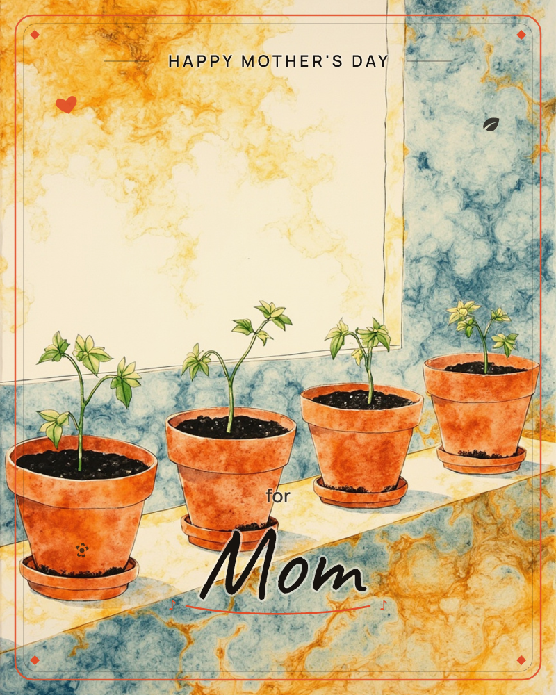 Four terracotta pots line a windowsill, each holding a young seedling with pale green leaves reaching toward the light, a mothersday e-card design