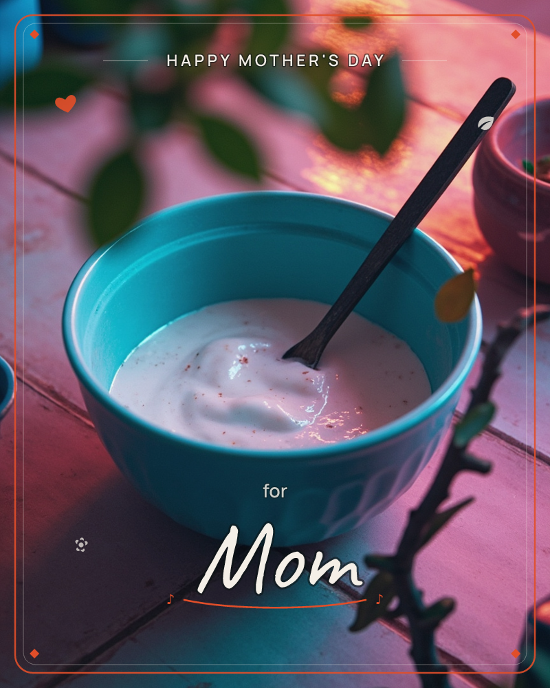 A turquoise bowl of creamy yogurt or dip sits on a weathered tile table, a dark wooden spoon resting inside it and a dusting of spice across the surface, a mothersday e-card design