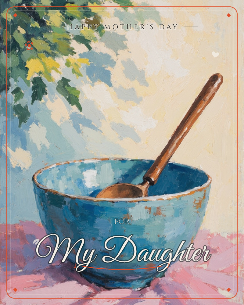 A still-life painting shows a turquoise ceramic bowl with a worn wooden spoon resting inside it, set against a warm cream wall dappled with soft light, a mothersday e-card design