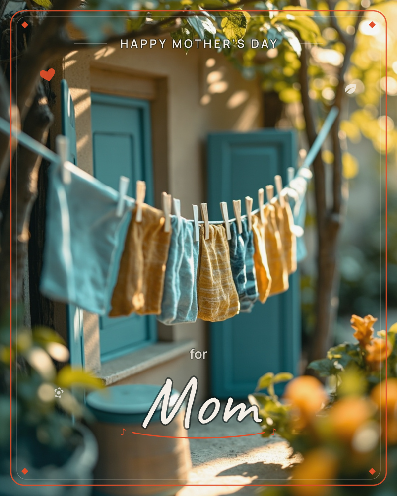 A sun-dappled courtyard scene shows a washing line strung between trees, hung with pale blue and mustard-yellow cloths pegged neatly in a row, a mothersday e-card design