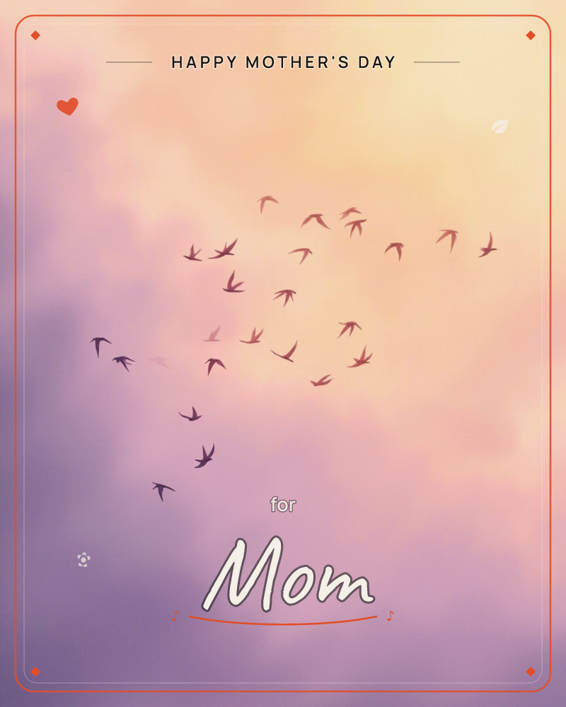 A loose flock of small birds drifts in a V-shaped formation across a hazy sky, the clouds shifting from soft lilac at the edges to a warm golden glow…, a mothersday e-card design