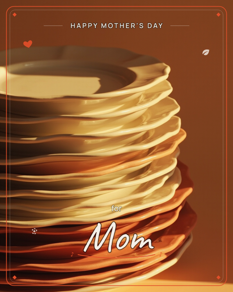 A tall stack of scalloped-edge ceramic plates catches warm, low light against a rust-orange wall, a mothersday e-card design