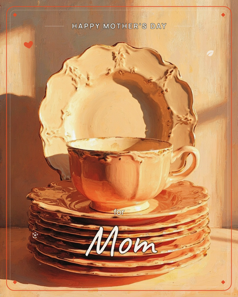 A still life painting shows a stack of scalloped-edge china plates topped with a matching teacup, all bathed in warm afternoon light that casts long…, a mothersday e-card design
