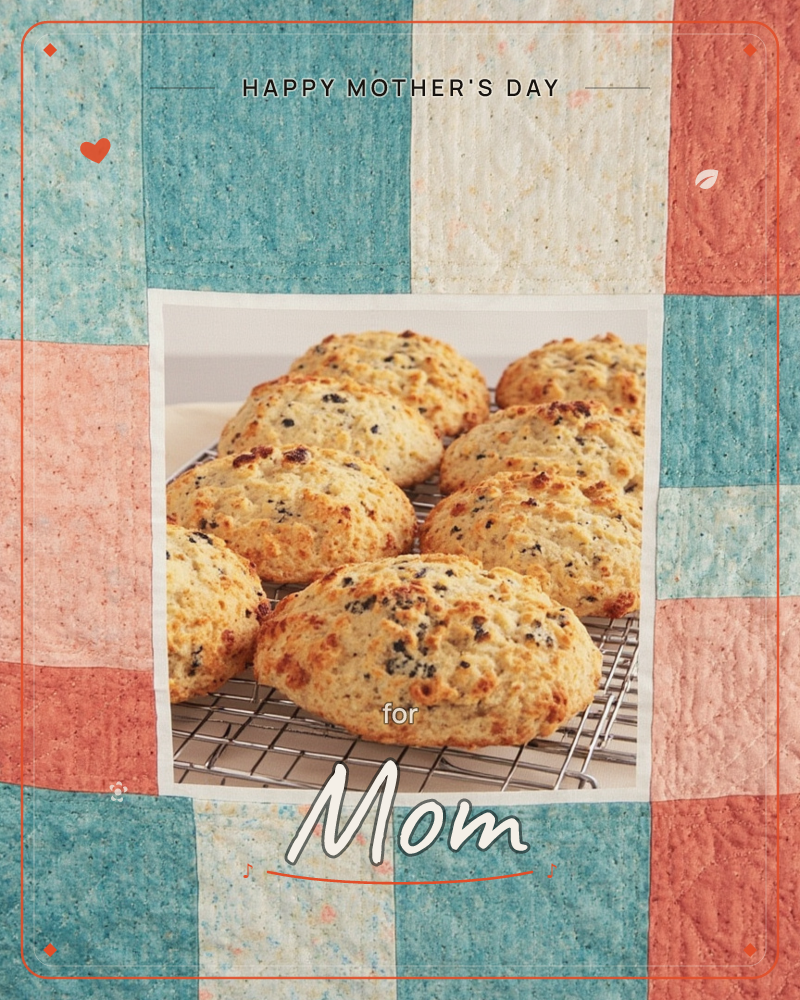 A photograph of freshly baked fruit scones cooling on a wire rack sits framed within a patchwork quilt border of teal, cream, and dusty coral squares, a mothersday e-card design