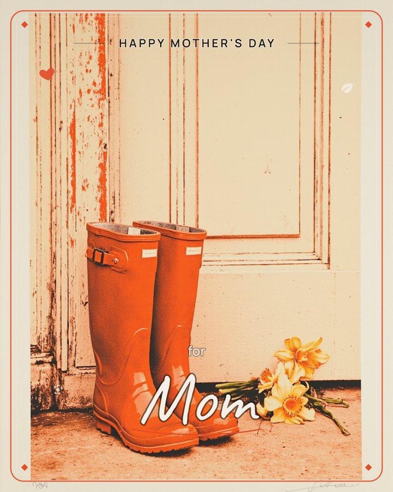 A pair of glossy orange rain boots stands beside a weathered wooden door, its paint chipped to reveal streaks of the same warm orange underneath, a mothersday e-card design