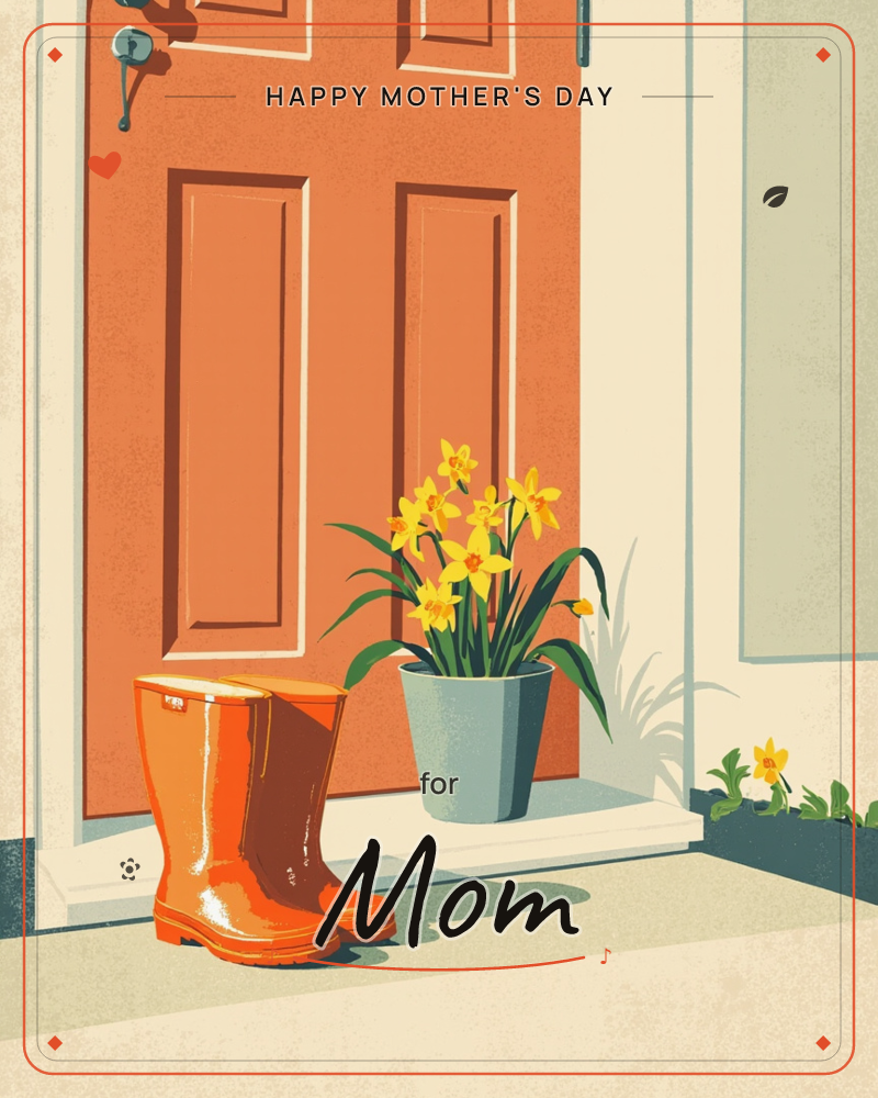 An orange front door stands closed with a pair of matching rubber boots and a potted daffodil plant on the step below, a mothersday e-card design
